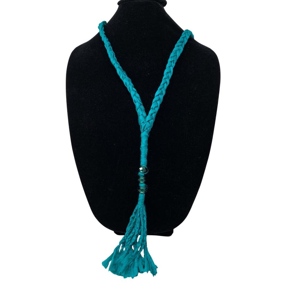 Johnny Was Necklace Women's Teal Blue Braided Fabric Beaded Tassel Boho